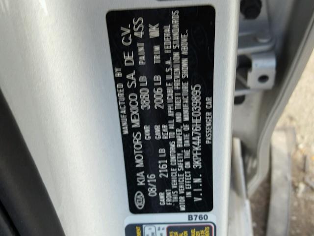 3KPFK4A76HE039895 - 2017 KIA FORTE LX SILVER photo 10