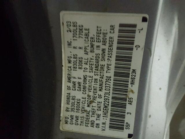 1HGEM22973L037794 - 2003 HONDA CIVIC EX 银色 照片 10