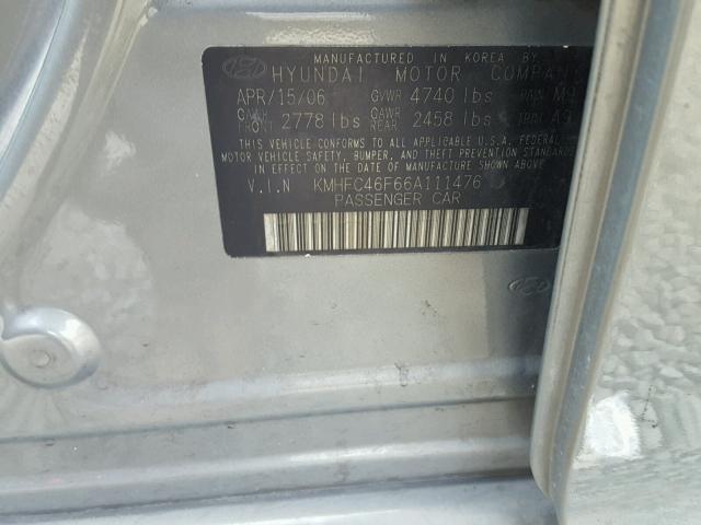 KMHFC46F66A111476 - 2006 HYUNDAI AZERA SE GRAY photo 10