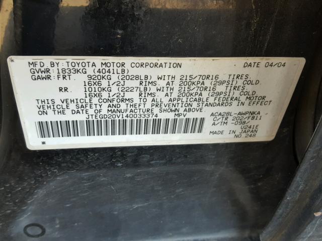 JTEGD20V140033374 - 2004 TOYOTA RAV4 BLACK photo 10