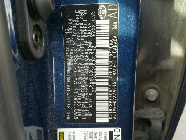 2T1BR32E25C373742 - 2005 TOYOTA COROLLA CE BLUE photo 10