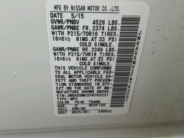 JN8AS5MV2FW763231 - 2015 NISSAN ROGUE SELE WHITE photo 10