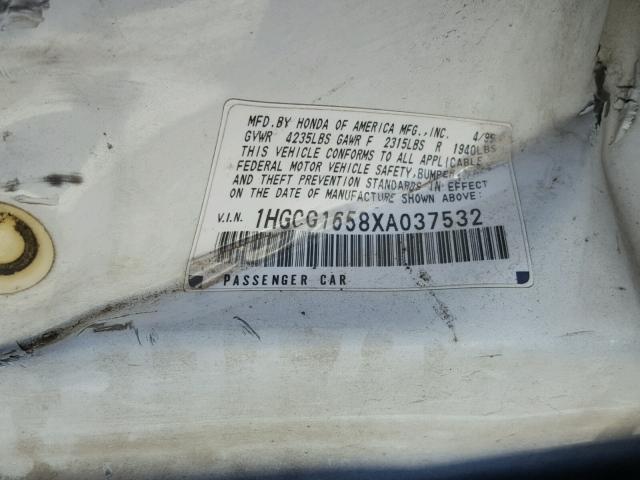 1HGCG1658XA037532 - 1999 HONDA ACCORD EX WHITE photo 10