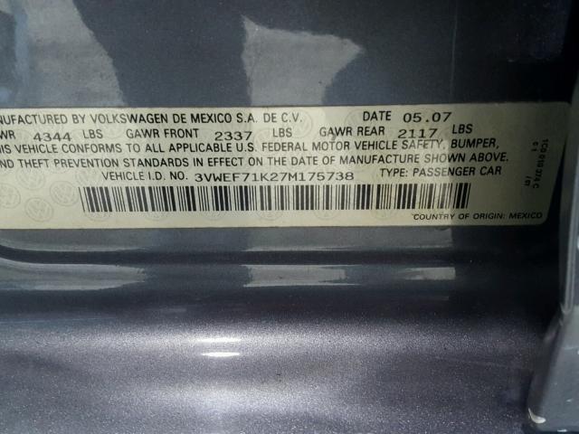 3VWEF71K27M175738 - 2007 VOLKSWAGEN JETTA WOLF GRAY photo 10