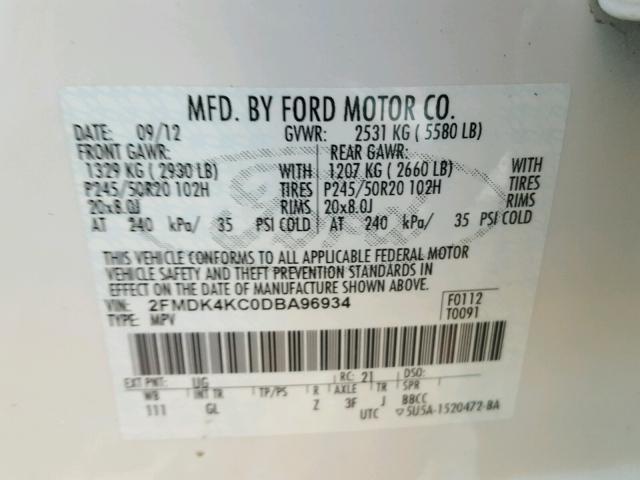 2FMDK4KC0DBA96934 - 2013 FORD EDGE LIMIT WHITE photo 10