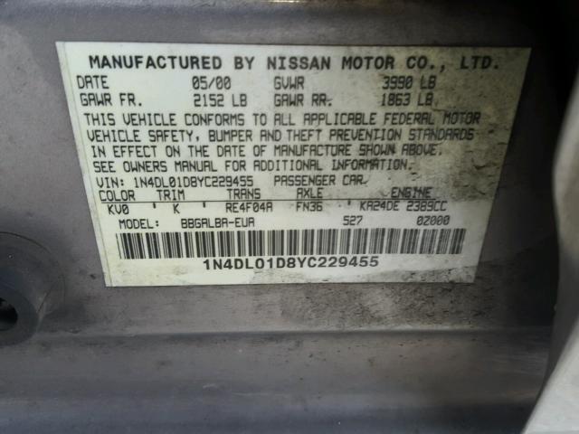 1N4DL01D8YC229455 - 2000 NISSAN ALTIMA XE BROWN photo 10