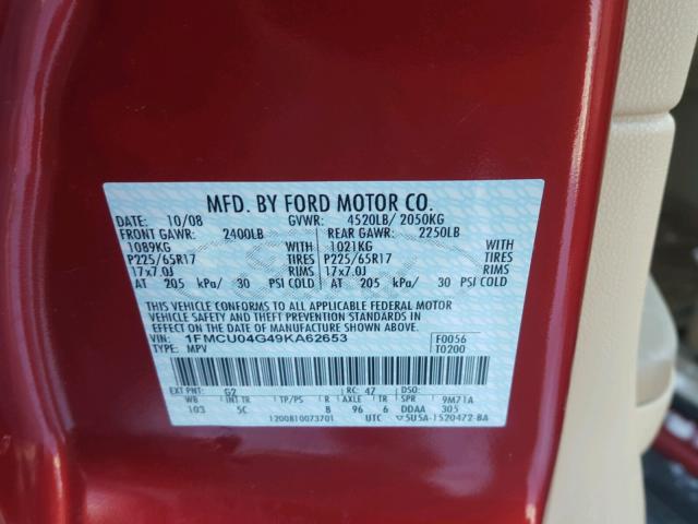 1FMCU04G49KA62653 - 2009 FORD ESCAPE LIM RED photo 10