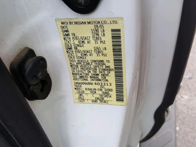 1N6AD06U86C403313 - 2006 NISSAN FRONTIER K WHITE photo 10