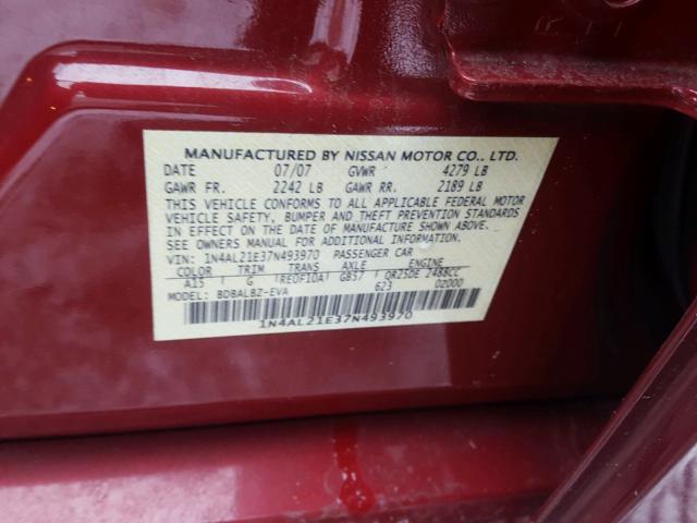 1N4AL21E37N493970 - 2007 NISSAN ALTIMA 2.5 MAROON photo 10