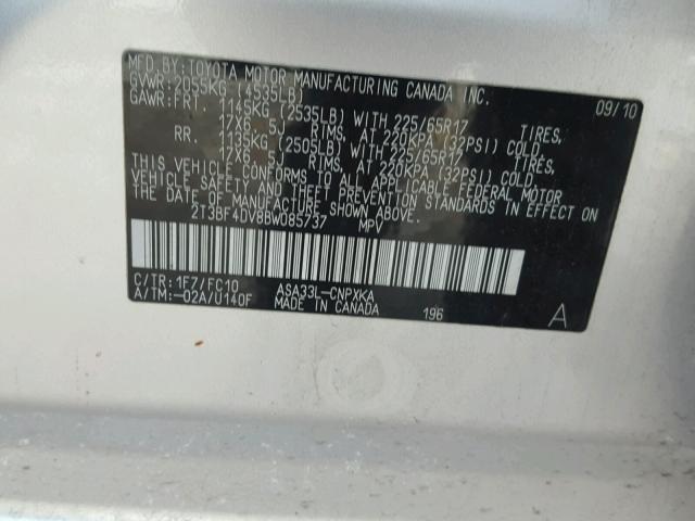 2T3BF4DV8BW085737 - 2011 TOYOTA RAV4 SILVER photo 10