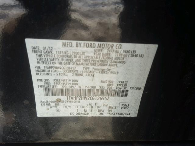 1FAHP2HW2CG136957 - 2012 FORD TAURUS SEL BLACK photo 10