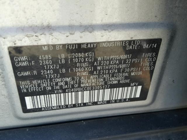 4S4BRBCC0E3305127 - 2014 SUBARU OUTBACK 2. SILVER photo 10