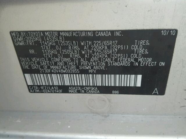 2T3DF4DV4BW092855 - 2011 TOYOTA RAV4 LIMIT SILVER photo 10