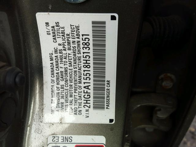 2HGFA15518H513851 - 2008 HONDA CIVIC LX GRAY photo 10