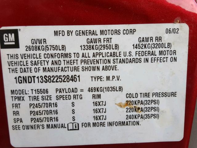 1GNDT13S822528461 - 2002 CHEVROLET TRAILBLAZE RED photo 10