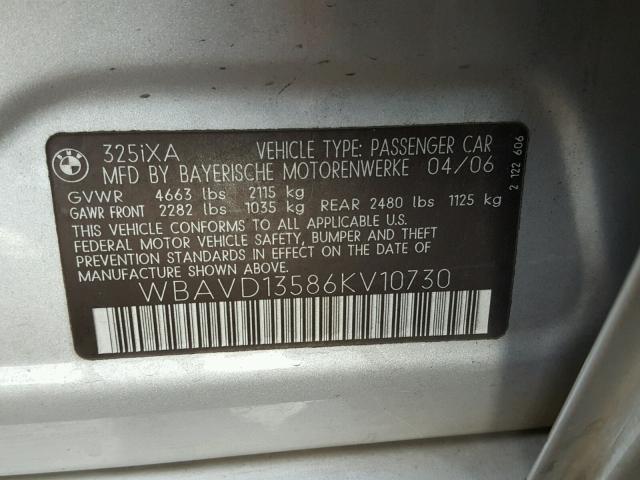 WBAVD13586KV10730 - 2006 BMW 325 XI SILVER photo 10