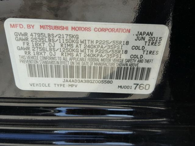 JA4AD3A38GZ005580 - 2016 MITSUBISHI OUTLANDER BLACK photo 10