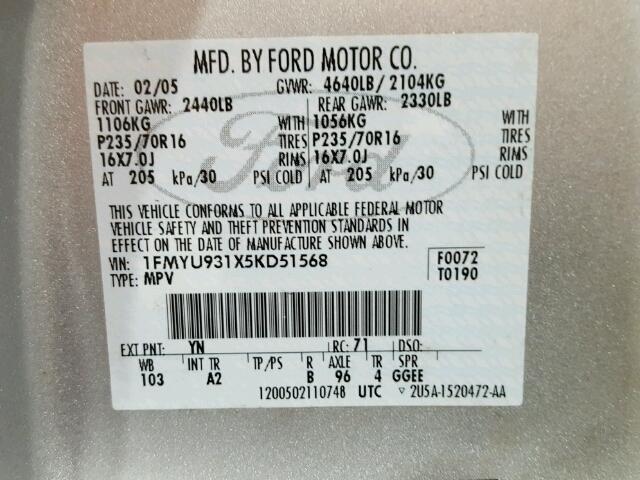 1FMYU931X5KD51568 - 2005 FORD ESCAPE SILVER photo 10