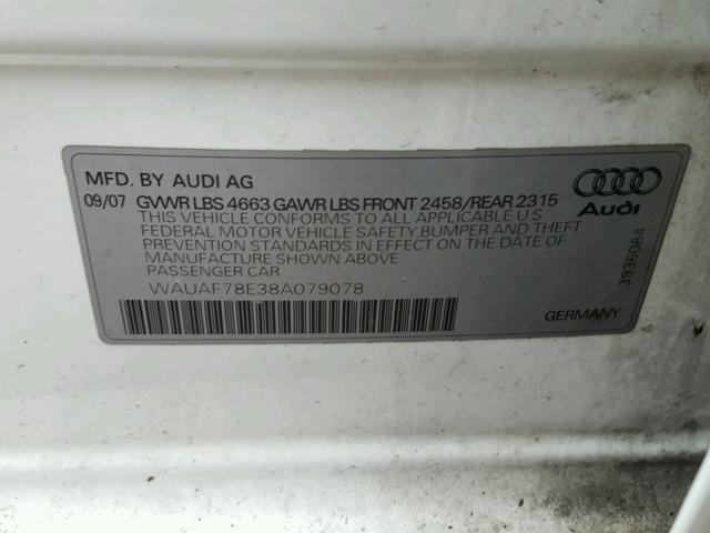 WAUAF78E38A079078 - 2008 AUDI A4 2.0T WHITE photo 10