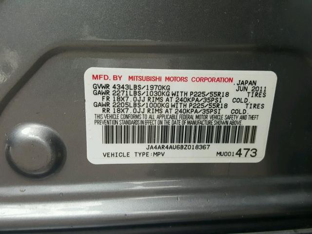 JA4AR4AU6BZ018367 - 2011 MITSUBISHI OUTLANDER SILVER photo 10