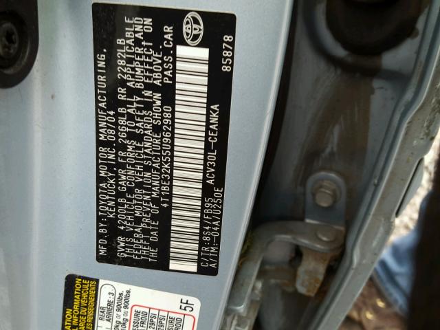 4T1BE32K55U962980 - 2005 TOYOTA CAMRY LE BLUE photo 10