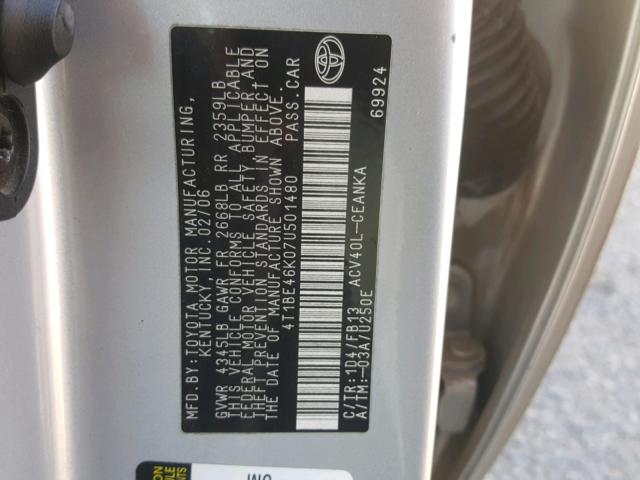 4T1BE46K07U501480 - 2007 TOYOTA CAMRY NEW SILVER photo 10