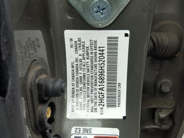 2HGFA16896H520441 - 2006 HONDA CIVIC EX CHARCOAL photo 10