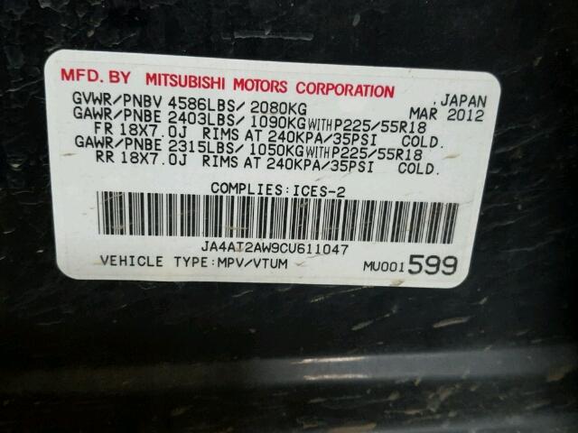 JA4AT2AW9CU611047 - 2012 MITSUBISHI OUTLANDER BLACK photo 10