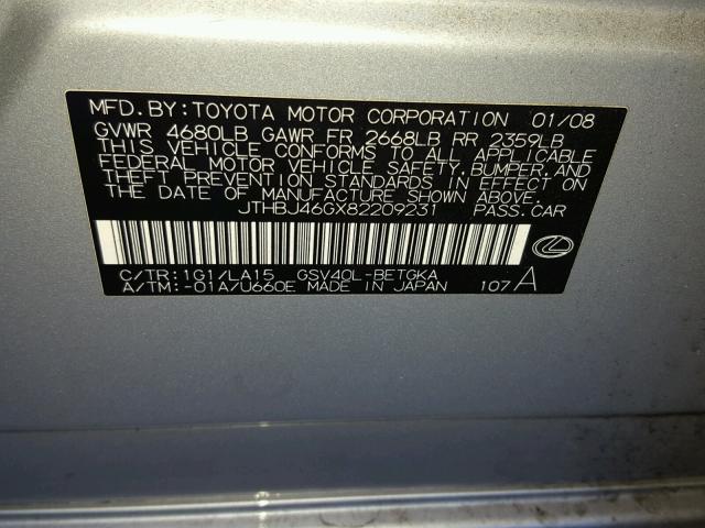 JTHBJ46GX82209231 - 2008 LEXUS ES 350 SILVER photo 10