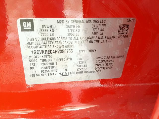 1GCVKREC4HZ380765 - 2017 CHEVROLET SILVERADO RED photo 10