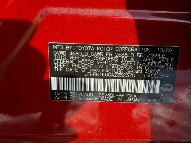 JTHBK1EG0A2352370 - 2010 LEXUS ES 350 RED photo 10