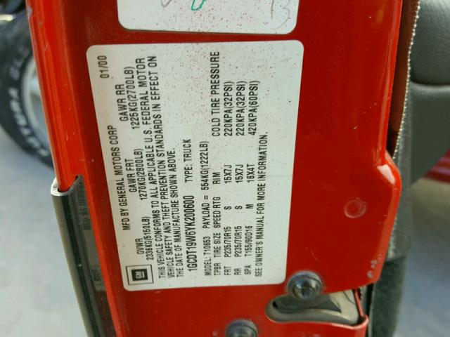 1GCDT19W6YK200600 - 2000 CHEVROLET S TRUCK S1 RED photo 10