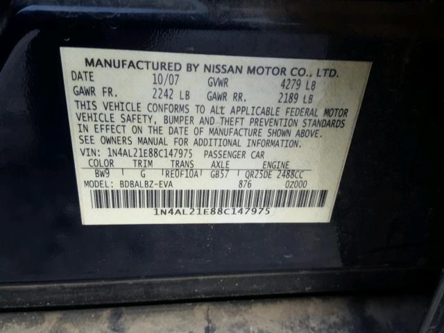 1N4AL21E88C147975 - 2008 NISSAN ALTIMA 2.5 BLUE photo 10