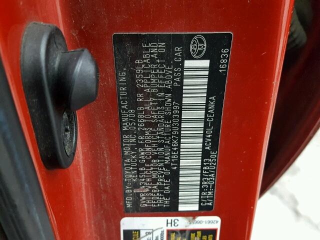 4T1BE46K79U303997 - 2009 TOYOTA CAMRY BASE RED photo 10