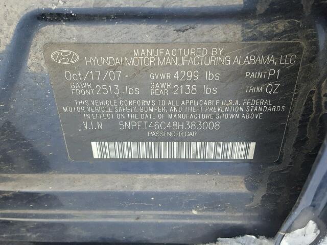 5NPET46C48H383008 - 2008 HYUNDAI SONATA GLS BLUE photo 10