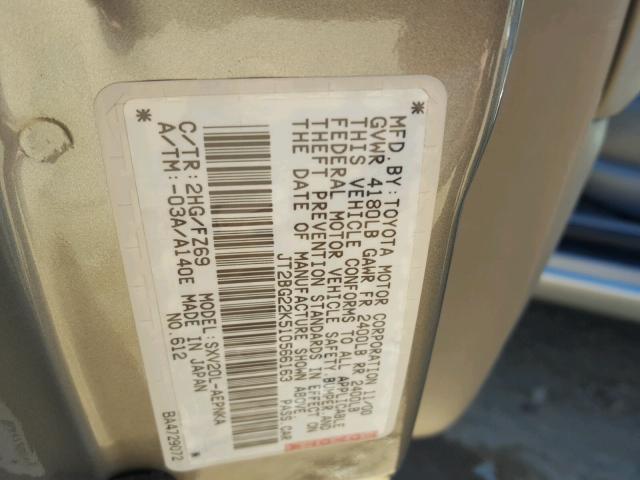 JT2BG22K510566163 - 2001 TOYOTA CAMRY CE GRAY photo 10