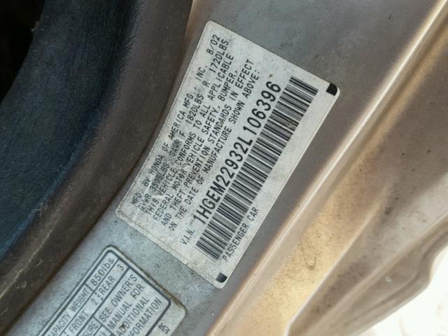 1HGEM22932L106396 - 2002 HONDA CIVIC EX თაფლისფერი ფოტო 10