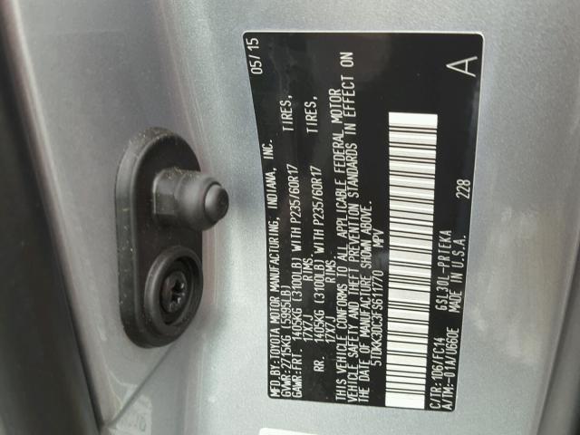 5TDKK3DC3FS611770 - 2015 TOYOTA SIENNA LE SILVER photo 10