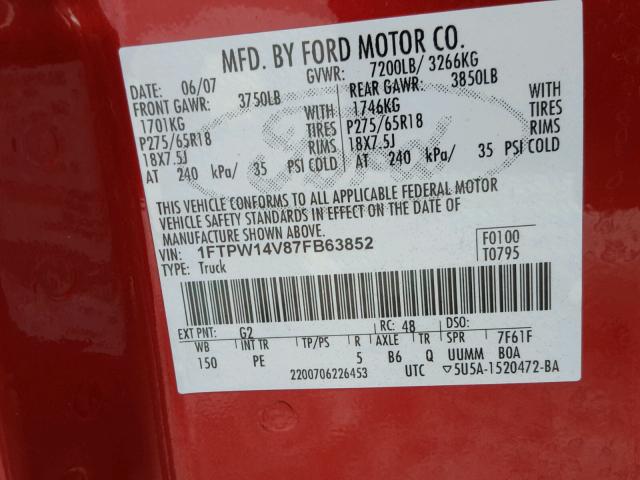 1FTPW14V87FB63852 - 2007 FORD F150 SUPER RED photo 10