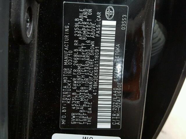 4T1BK3EK6BU118091 - 2011 TOYOTA CAMRY SE BLACK photo 10