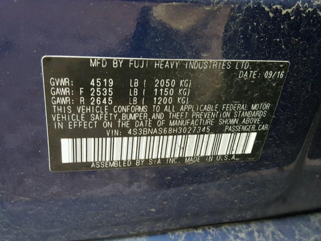 4S3BNAS68H3027345 - 2017 SUBARU LEGACY SPO BLUE photo 10