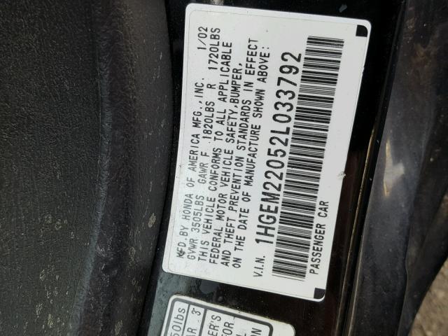 1HGEM22052L033792 - 2002 HONDA CIVIC EX BLACK photo 10