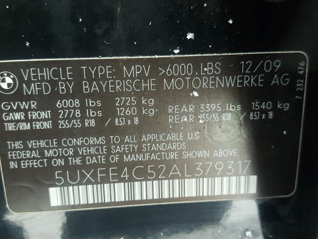 5UXFE4C52AL379317 - 2010 BMW X5 XDRIVE3 Қара фото 10