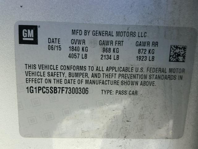 1G1PC5SB7F7300306 - 2015 CHEVROLET CRUZE LT SILVER photo 10