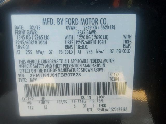 2FMTK4J81FBB07628 - 2015 FORD EDGE SEL BLACK photo 10