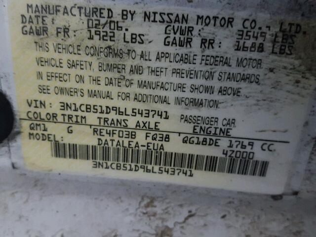 3N1CB51D96L543741 - 2006 NISSAN SENTRA 1.8 WHITE photo 10