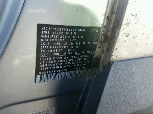 WVGAV75N99W500506 - 2009 VOLKSWAGEN TIGUAN S 银色 照片 10