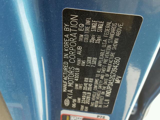 KNDJP3A52G7394260 - 2016 KIA SOUL + BLUE photo 10