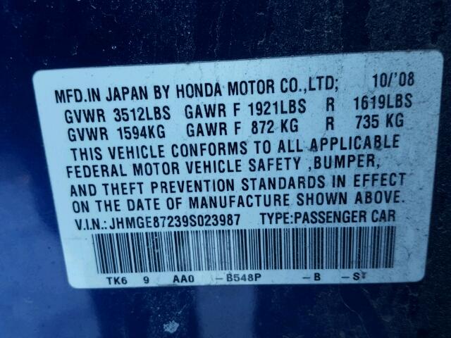 JHMGE87239S023987 - 2009 HONDA FIT BLUE photo 10