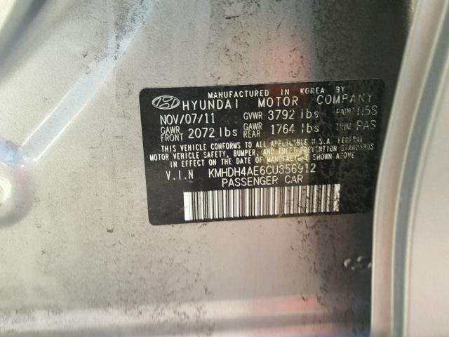 KMHDH4AE6CU356912 - 2012 HYUNDAI ELANTRA GL GRAY photo 10